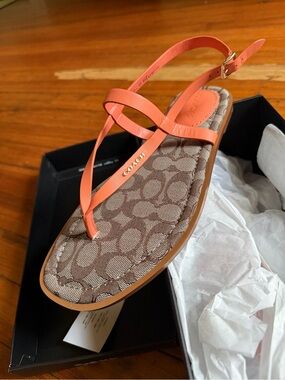 COACH Coral Orange T-Strap Sandal Signature Canvas Leather Size 10 NIB